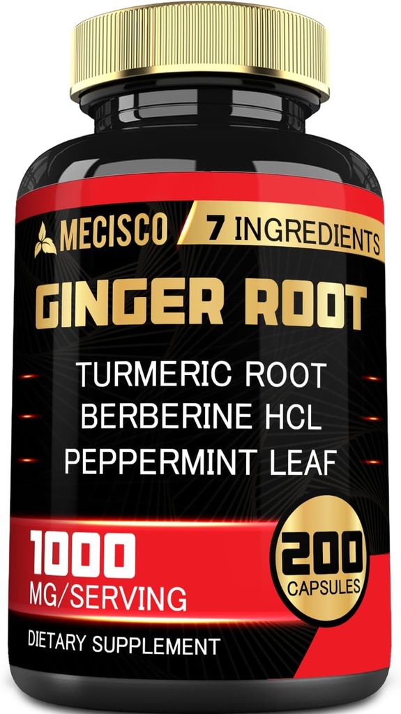 7-in- 1 Ginger Root Suplemen dengan Turmeric Curcumin, Berberine, Peppermint Leaf, Astragalus Root, Cinnamon Ceylon, Beet Root - 200 Capsules