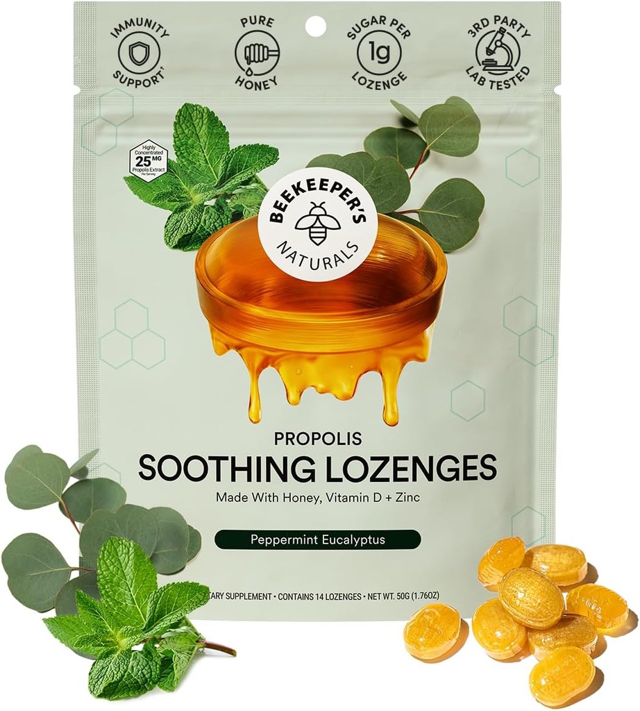 Beekeeper 's Naturals SoOthing Mint Eucalyptus Cough Drops, Immune Support with Vitamin D, Zinc and Propolis, Cooling & Throat Sothing Lozenges, 14 Ct