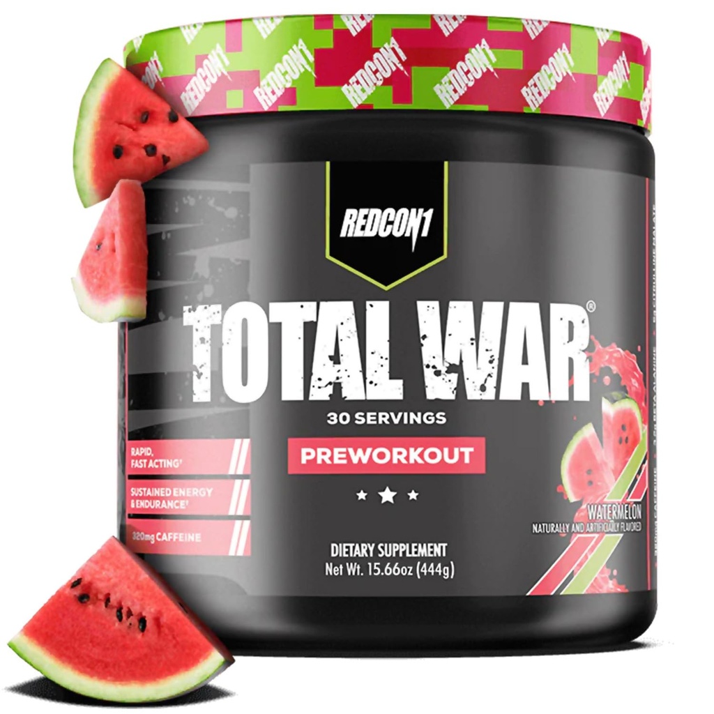 REDCON1 Total War Pre Workout, Watermelon - L Citrulline, Malic Acid, Green Tea Extract for Pompa Boosting Pre Workout for Women & Men - 3.2g Beta Alanine to Reduce Exhaustion (30 Pelayan)