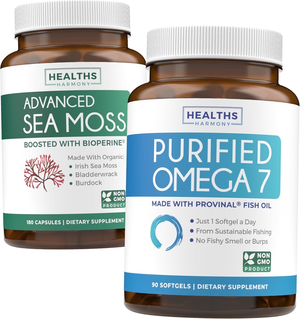 Irish Sea Moss & Omega 7 (3- Month Supply) Sea Omega Combo Bundle - Organic Sea Moss - Raw Vegan Suflet (180 Caps) & Omega 7 Softgels - Provinal Sustainable Peru Anchovy Fish Oil -90