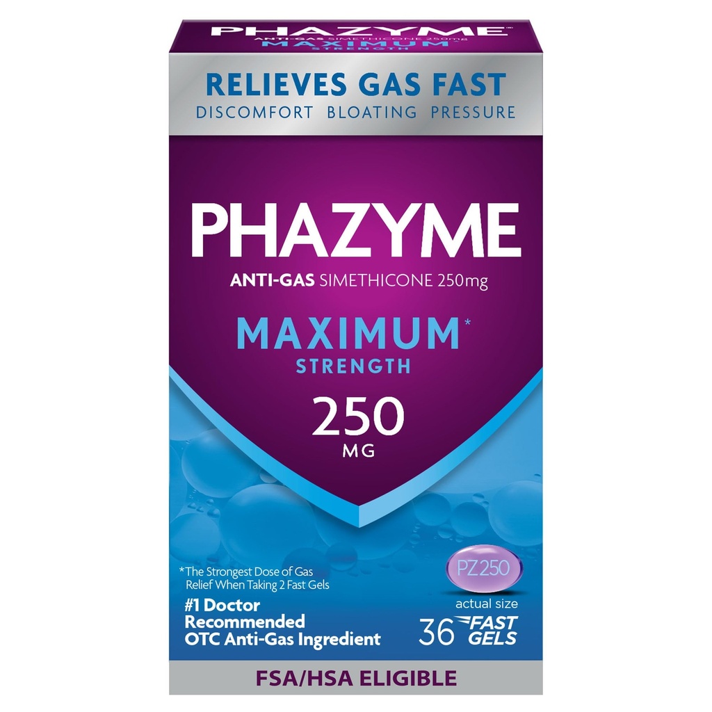 Phazyme Maksimum * Kekuatan Anti- Gas 250 mg Simmethacon Gas Relief untuk Dewasa, Cepat Gels Bloating, Tekanan & Discomfort, 36 Cacah