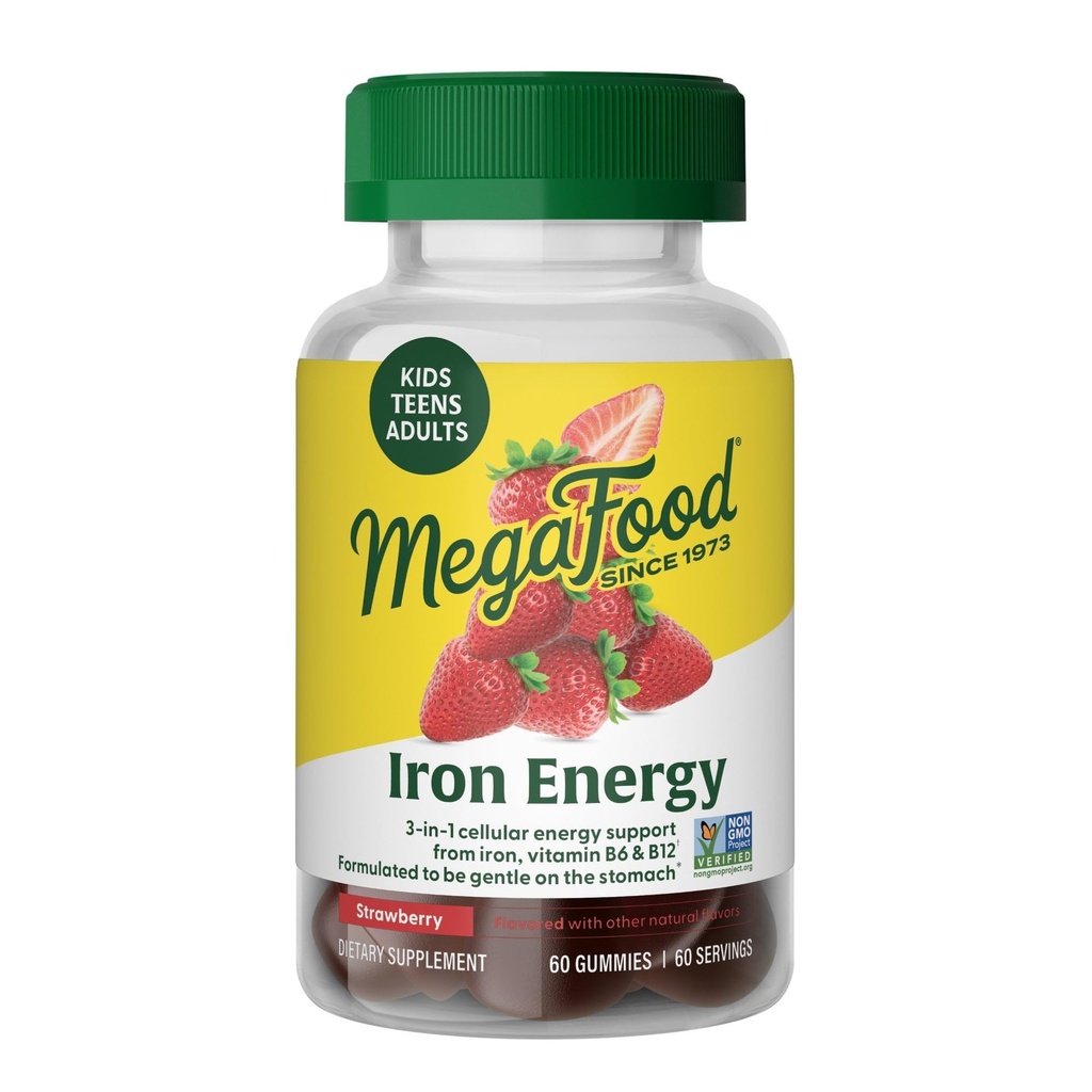 Megafood Iron Energy Gummies, Iron Suplemen untuk Perempuan, Pria, Remaja dan Anak-anak dengan Vitamin B12 & B6, Vitamin, dari The Makers of Blood Builder Supplemen, Strawberry Flavor, 60 Count