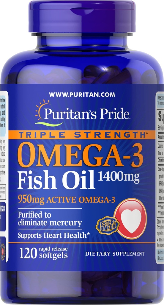 Puritan Pride Omega- 3 Fish Oil 1360 mg Softgels, 120 Count