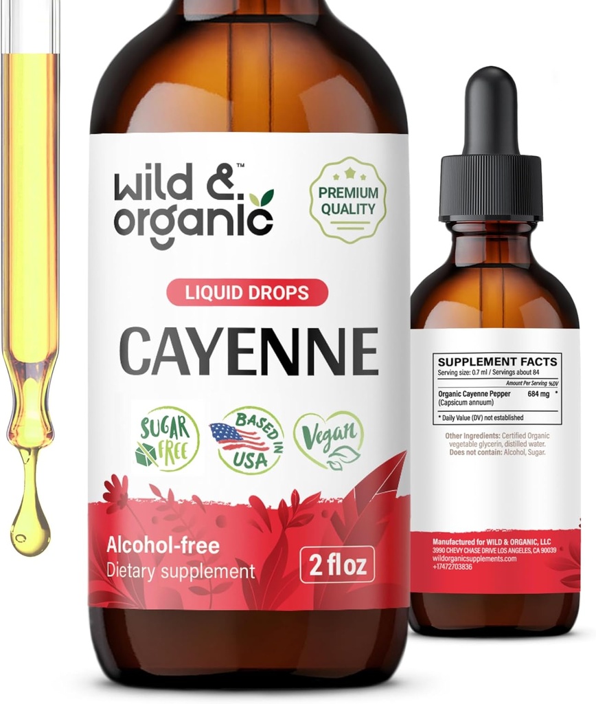 Wild & Organic Cayenne Pepper Pengaruh - Cadangan Capsaicin untuk Dukungan Digetical - Cayenne Pepper Extract Liquid - Vegan, Alcohol- Free Drops - 2 fl oz