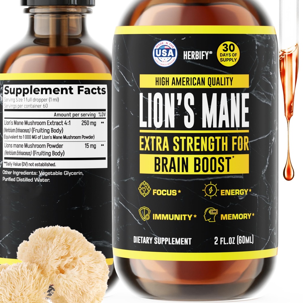 HERBIFY Lions Mane Suplement - Daily Mushroom Suplement for Memory, Focus & Clarity