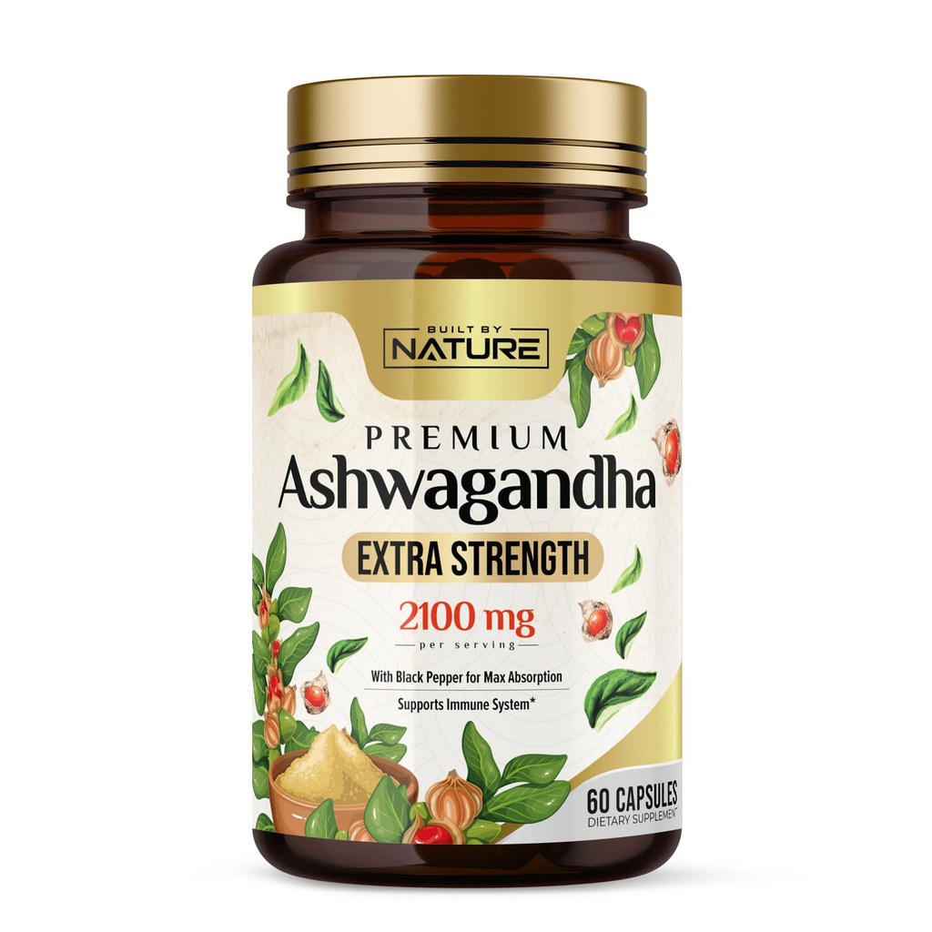 Dibangun oleh Nature Ashwagandha 2100mg Ekstra Stres Relief & Mood Dukungan dengan Black Pepper Ekstrak untuk Max Absorpsi - Non-GMO, Vegan, Gluten- Free - 60 Capsules