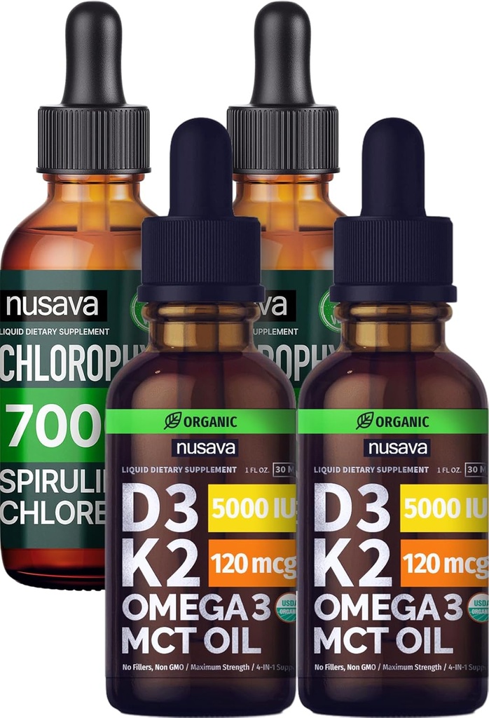 NUSAVA Unfeated D3 K2 Drops and Chlorofil Liquid Drops Bundle - Enable Liquid Vitamin for Heart, Gabungan, Energi, & Imune Dukungan - Non-GMO, Gluten-Free, 2pk Setiap