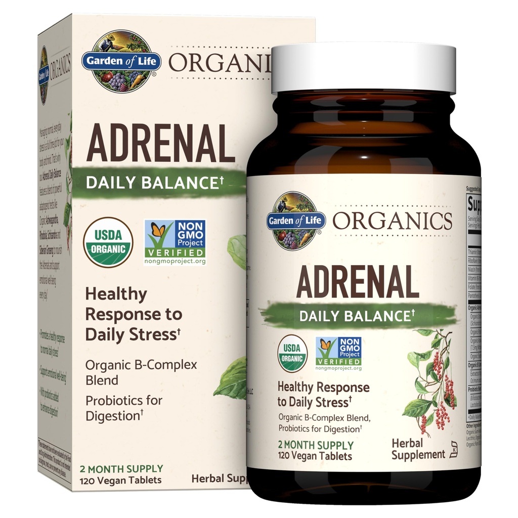 Garden of Life Organics Adrenal Daily Saldo, Adaptogenic Herbs Ashwagandha, Holy Basil, B Complex & Progrex, Organic Non-GMO, Vegan, Gluten Free Suppplemen, Dua Bulan Suppply, 120 Tablet