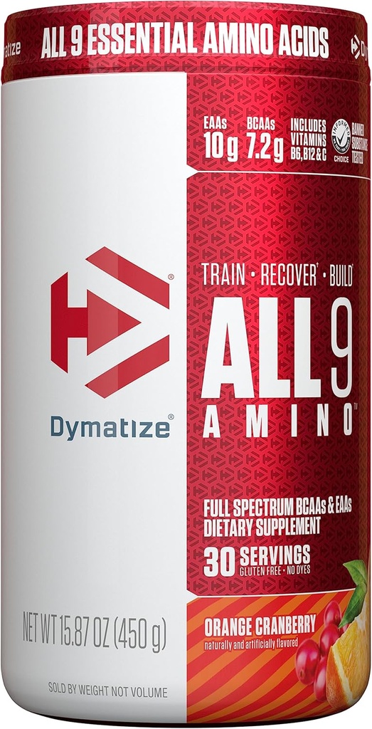 Dymatize Alla9 Amino, 7.2g BCAAs, 10g Spectrum Esmino Acids Per Serving for Recovery and Optimal Muscle Protein Synthesis, Orange Cranberry, 30 Servings, 15.87 Ounce