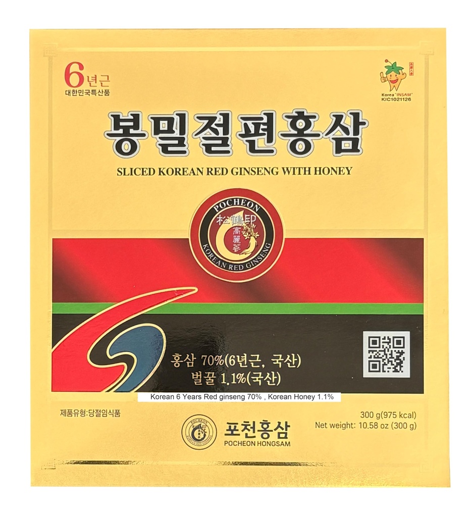 Pocheon 300g (10.6oz) 6Years Korean Panax Red Ginseng Slice with Honey, Saponin, Natural Immune Support