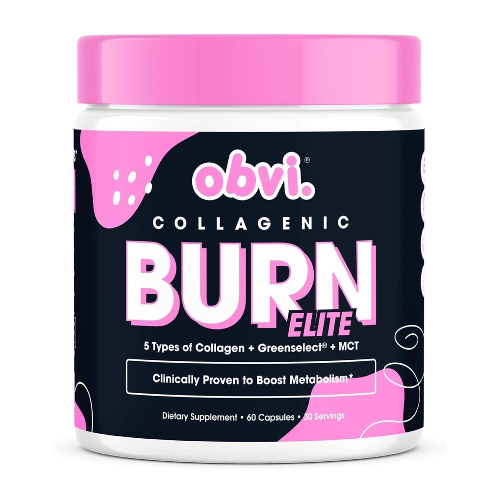 Obvi Burn Elite Elite 124; Supports Metabolism Boost, Energy, and Focus 124; Suplement with Collagen and Green Tea 12.4; Supports Heally Hair, Skin, Nails, and Joints 124; 60 Capsules, 30 Servis