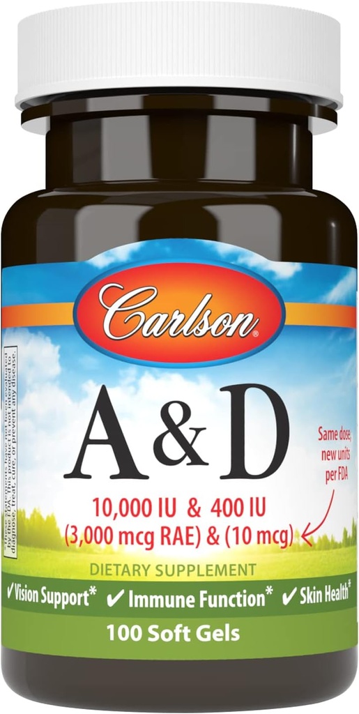 Carlson - A & D, 10000 IU (3000 mcg RAE) Vitamin A, 400 IU (10 mcg) Vitamin D3, Dukungan Vision, Skin Health, 100 Soft Gels