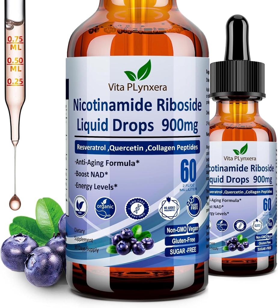 Suplemen NAD bagi Perempuan & Men, NAD Nicotinamide Riboside Resveratrol 900mg & Quercetin, Niasin, Collagen, Biotin, Liquid NAD Plus Supplemen NR900 For Anti- Aging Skin Energy Longevity Brain