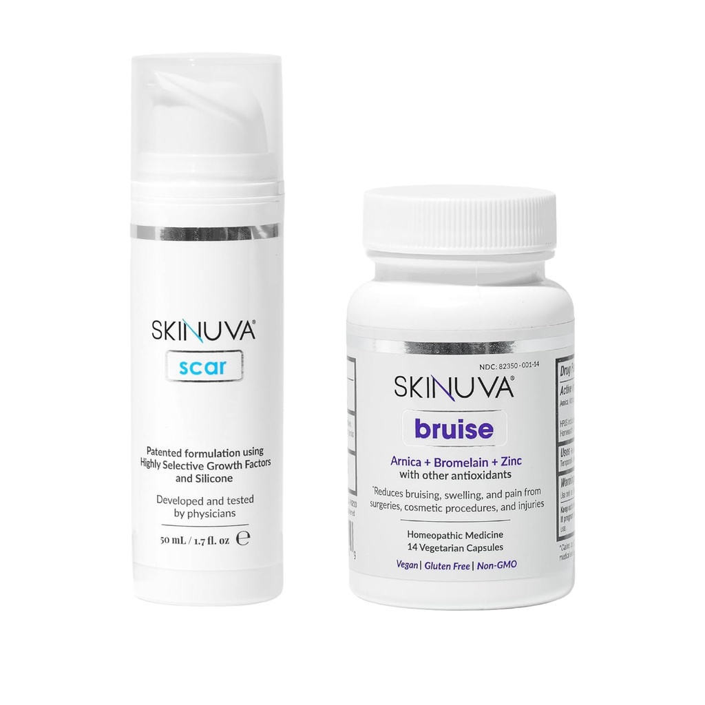 Skinuva ® Scar (1.7 oz) & Bruise (14 kapsul) - Advanced Silicone Cream Formulated with Growth Facters & Homepathic Brumedy Formulasi dengan Arnica, Bromelain & Zinc