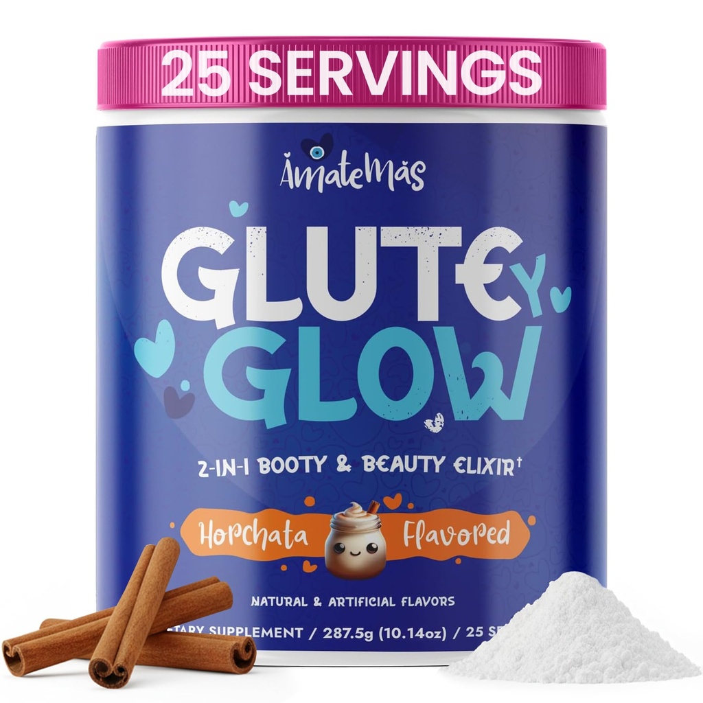 Glute Y Glow by Amamas - Women 's Creatine + Biotin Suplement for Muscle Growth, Glute Dupport, Hair Skin & Nails - Horchata Flavor - Energy Duction - Lean Muscle - Daily Performance Blend