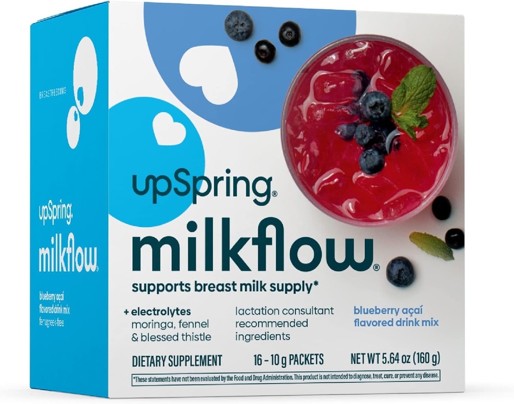 UpSpring Milkflow Electrolite Breathfeating Supplement Minum Mix Fenugreak- Free, Moringa & Blueberry Acai Flavor, Suplemen Lactation untuk Dukungan Suppply Breast Milk dan Kembalikan Elektrolit, 16 Mixes