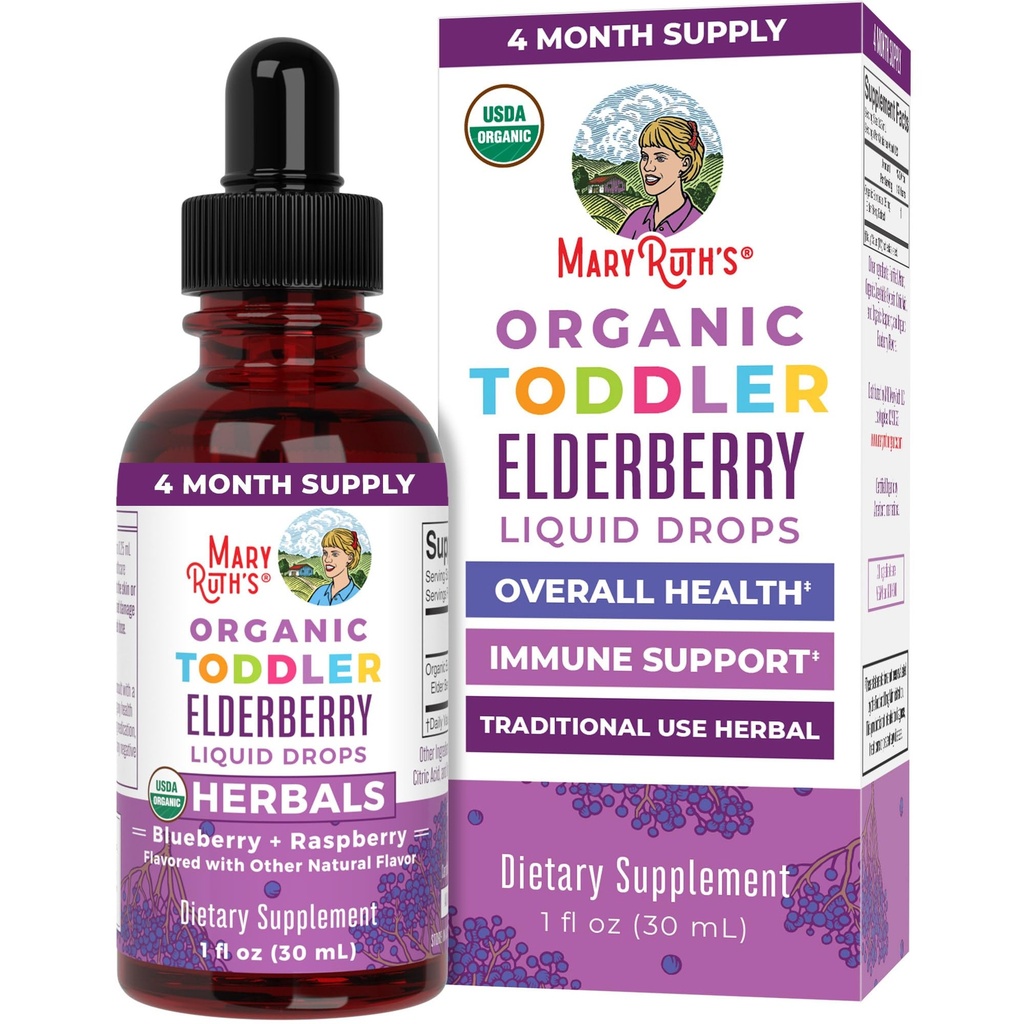 MaryRuth Organics Toddler Elderberry Syrup, USDA Organic Elderberry, Sugar Free Kids Support Suplemen Ammune untuk Ages 1-3 Years, Clean Label Project Verified ®, Vegan, Non-GMO, Gluten Free, 1 Fl Oz