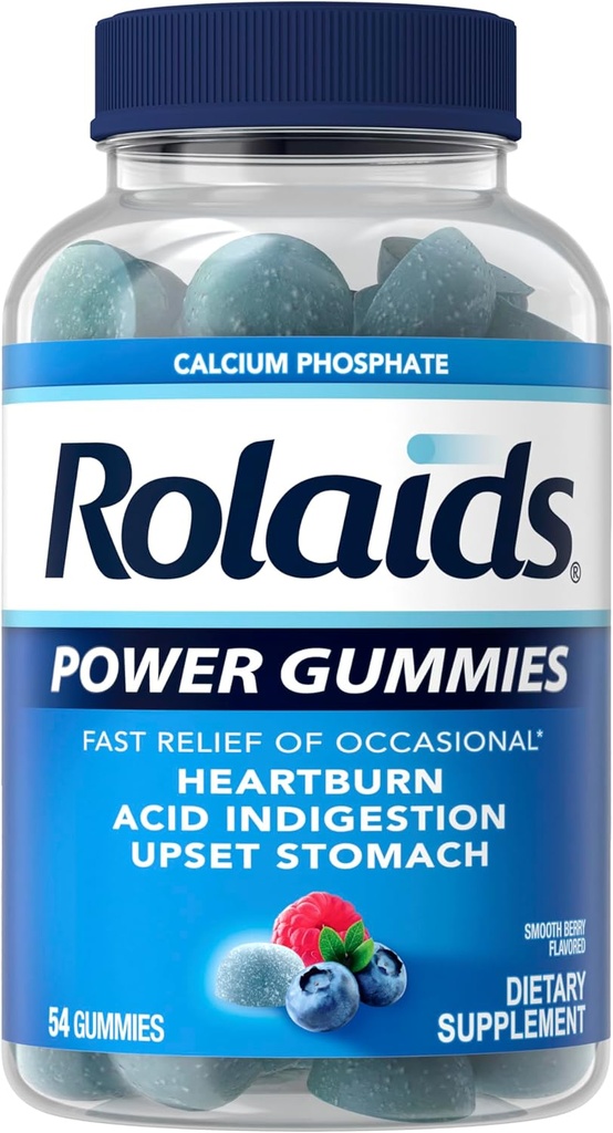 Rolaids Power Gummies, Fast Relief of Occational Heartburn and Acid Indemolition, Dieter Suplemen, Smooth Berry, 54 Gummies