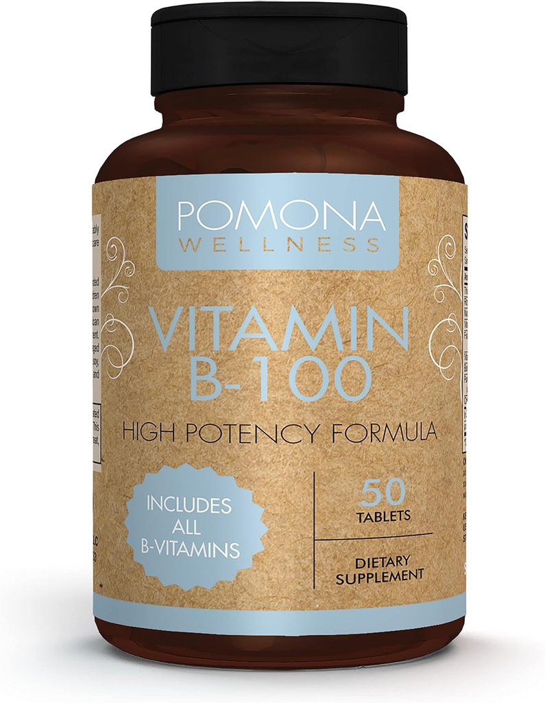 Pomona Wellness Vitamin B Complex Suplement with Folic Acid, High Potency Multivitamin, All 10 B Vitamin Included B12, Supports Energy Levels, Heart Health, Non-GMO, 50 Tablet