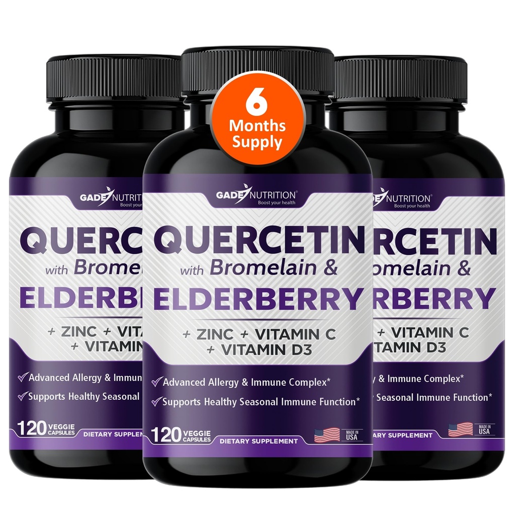 Gade Nutrition Quercetin dengan Bromelain & Elderberry 124; Quercetin dengan Vitamin C dan Zinc 124; Zinc Quercetin 500mg dengan Vitamin D3 124; Daily Immune Suppplemen Suppplemen - 6 Bulan