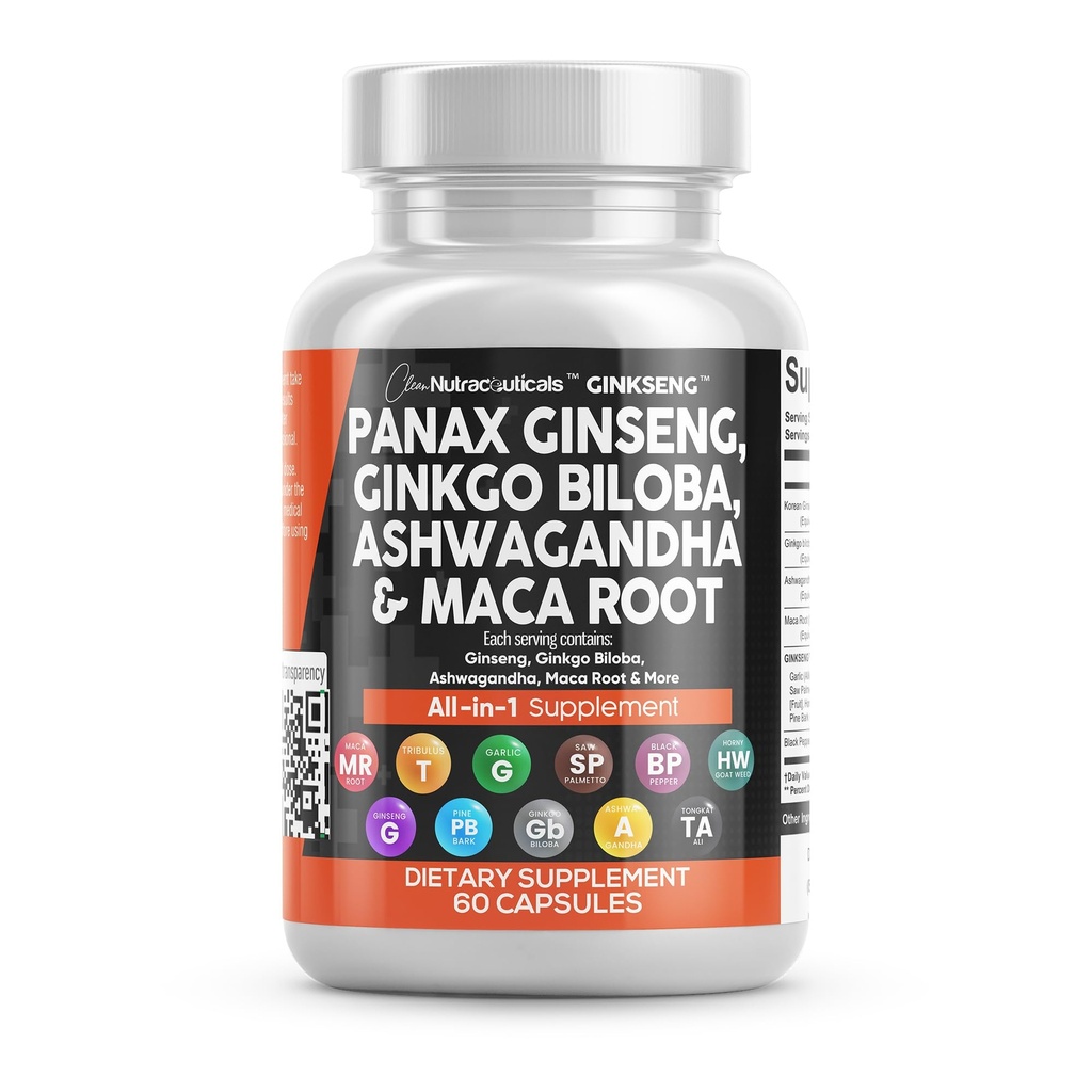 Clean Nutraceuticals Panax Ginseng Ginkgo Biloba Ashwagandha Maca Pills untuk Perempuan dan Pria dengan Pine Bark Extract, Garlic, dan Saw Palmetto - 60 Caps
