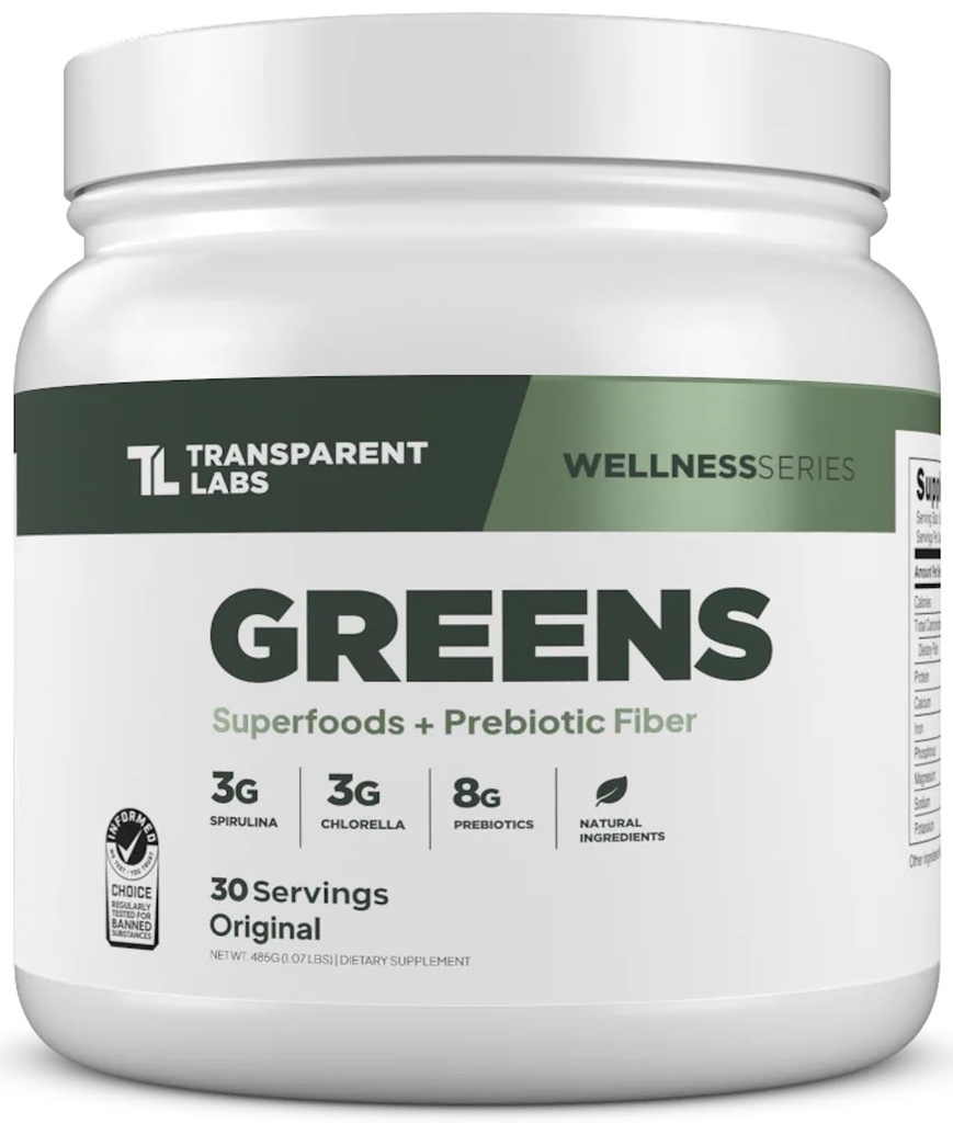 Transparent Labs Prebiotic Greens - Superfood Powder & Antioksidants Suplemen dengan Organic Spirulina, Chloerra, Acakia, & Green Banana Powder - 30 Serbu, Unflashored