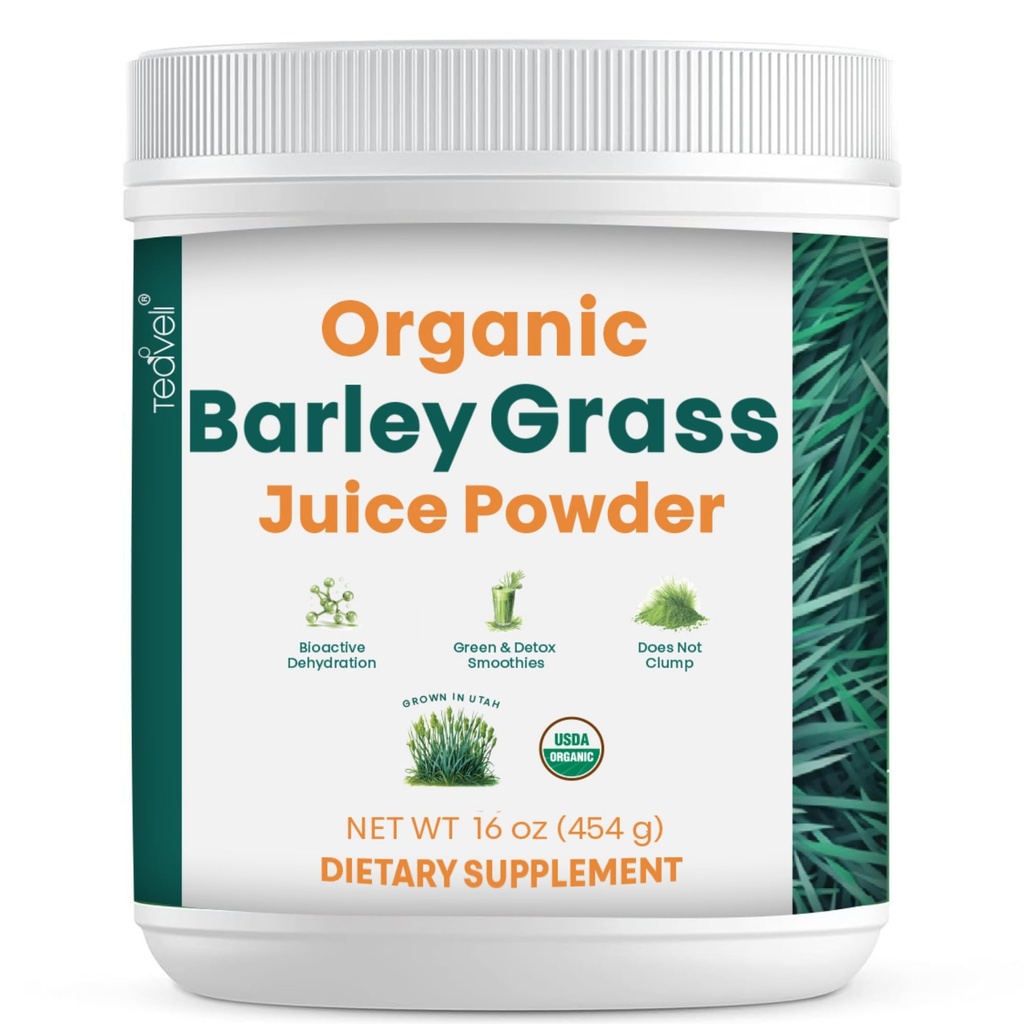 Teaveli Organic Barley Grass Powder- Grown and Harowed in The Fertile Utah Soil - 16 Ounces (454 Grams)