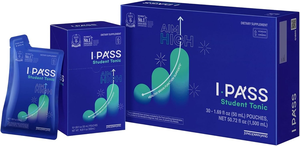 JungKwanJang iPass Student Tonic - Adaptogen Energy Drindment with Korean Red Ginseng, Jujube, Astragalus & Angelica - Daily Dukung untuk Sekolah dan Aktivitas (30 Pouches, 1.69 lf oz)