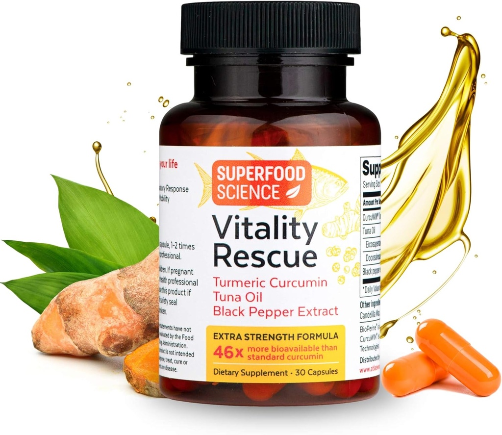 Penyelamatan Vitalitas, EPA Omega 3 dan Sumur Turmerik w / Bioperine, CurcuWin 46X Superior Curcumin untuk mendukung Pemulihan Kerja, Gabungan, Muscle, Cardio & Brain Health, 30 Capsules