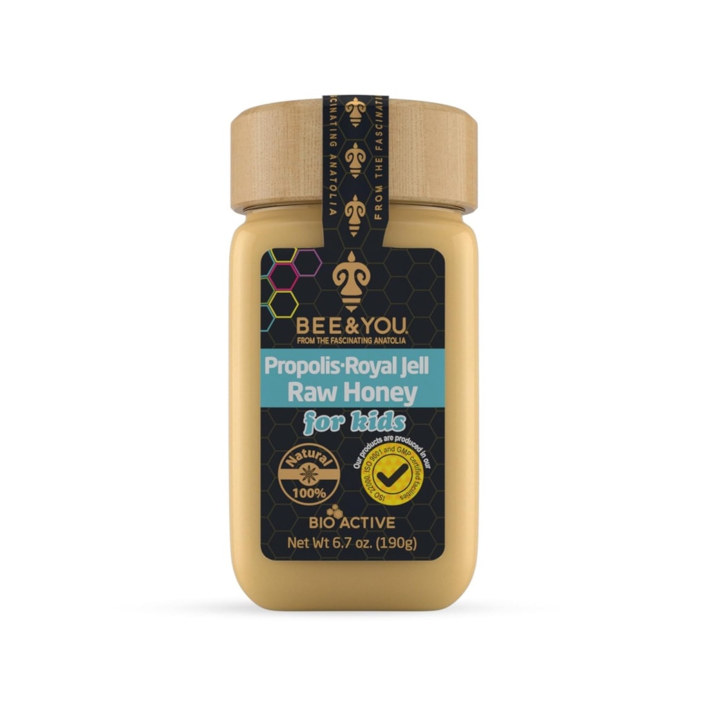 Bee dan You Royal Jelly Raw Honey For Kids, Propolis Extraction, 100% Natural Superfood, Ultra Pure, Suplemen Keto, Paleo, Bebas, 6.7 oz