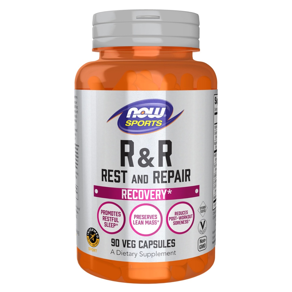 NOW Foods Sports Nutition, R & R Rest and Repair, Recovery *, Promotes Restful Sleep *, Preserve Lean Mass, Reduces Post-Soreness *, Vegan, NGMO, 90 Veg Capsules