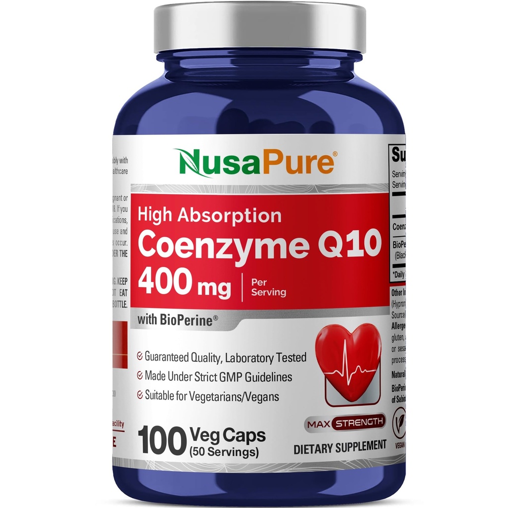NusaPure CoQ10 400mg 100 Veggie Caps (Vegan, Non- GMO) Coenzim Q10 Suplemen, Antioksidant COQ- 10 Enzyme, Coq 10