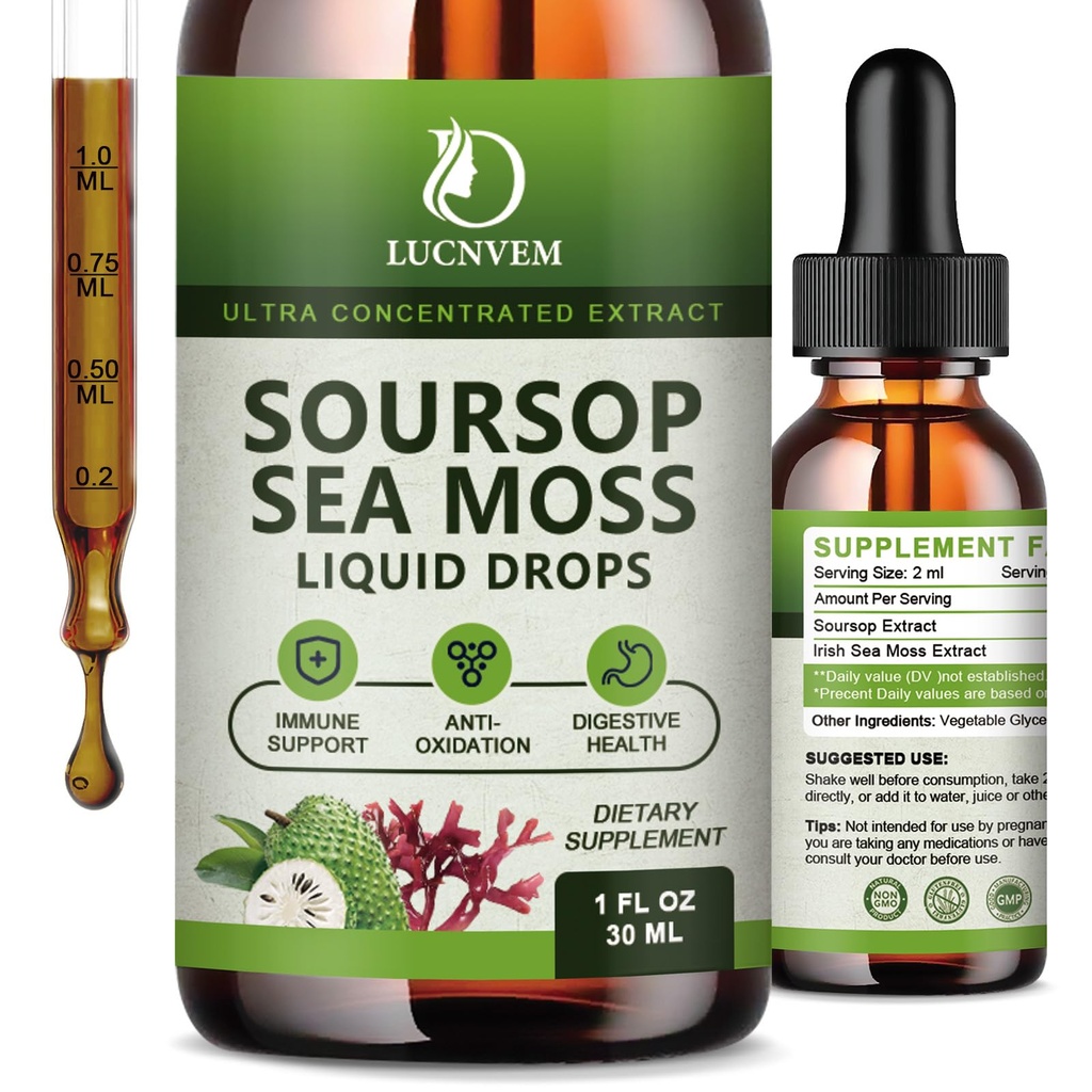 (2 Paket) Soursop Graviola Organik dengan Sea Moss Liquid Drops, Soursop Bitters Kaya di Multivitamin untuk Antioksidant Natural, Immune Boost, Dukungan & Regeneration, Pineapple Flavor