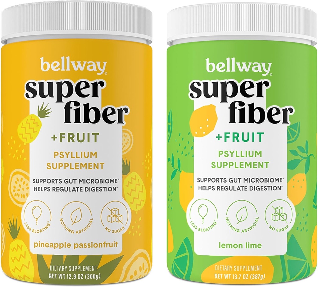Bellway SuperFiber Powder + Fruit, Sugar Free Organic Psyllium Husk Powder Suplement for Regularitas, Bloating Relief & Gut Health, Non-GMO, Panies Passion & Lemon Lime
