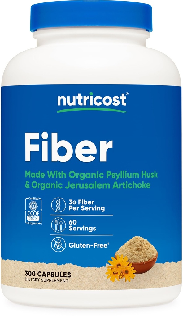 Nutricost Fiber Capsules dengan Prebiotic Fiber Suplement 300 Kapsul - Dibuat dengan Organik Psyllium Husk & Organic Jerusalem Artichoke, 60 Servings, Gluten Bebas, 3 G per Serving