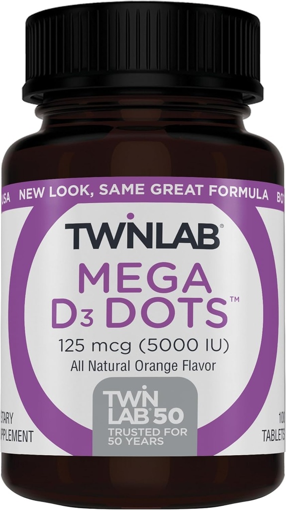 Twinlab Mega D-3 Dots - Vitamin D Suplement for Imune Health and Bone Support - 100 Orange Tablets, 125 mcg (5000 IU) (Paket 2)