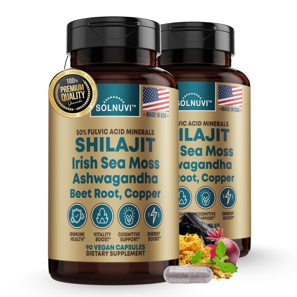 Shilajit Pure Himalaya Capsules Organik dengan Irlandia Sea Moss, Ashwagandha, Copper, Root Beet - Fulvic Acid Trace Mineral Suplemen Pria & Perempuan - 90 Count, Non-GMO, Gluten- Free