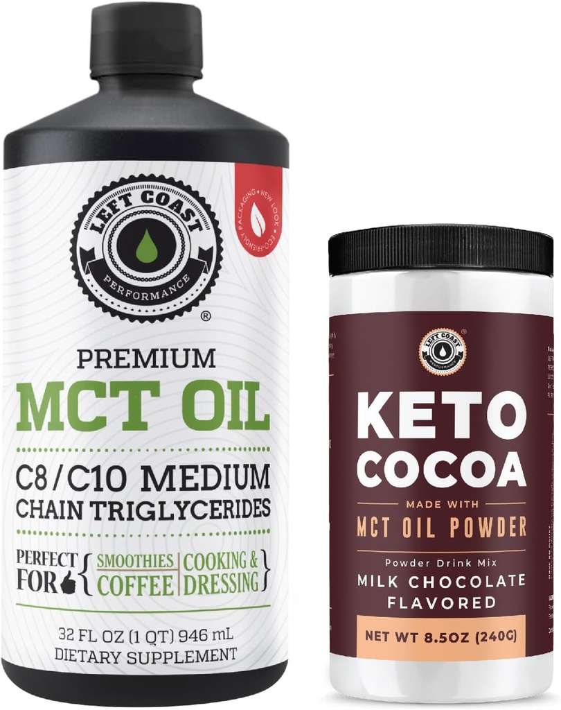 Left Coast Performance 100% Coconut MCT Oil Liquid, 32oz + Keto Coco Minum Mix, 8.5oz