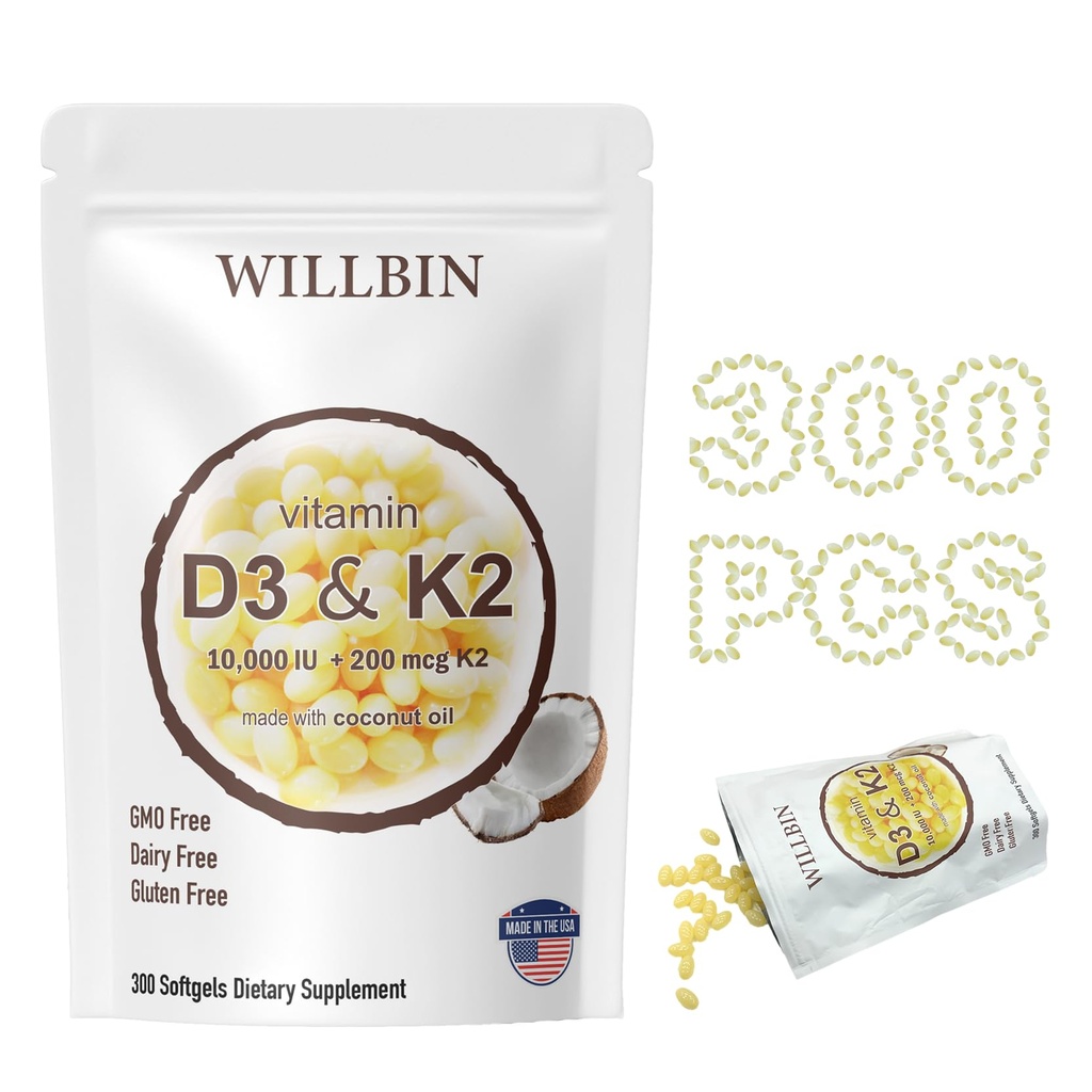 300 Pcs 2 dalam 1 Vitamin D3 10.000 iu ditambah K2 (MK-7) 200 mcg, Coconut Oil Softgels dengan Vitamin D & K, Mendukung Bone, Heart & Imune Kesehatan - Mudah untuk Swallow & N-GMO