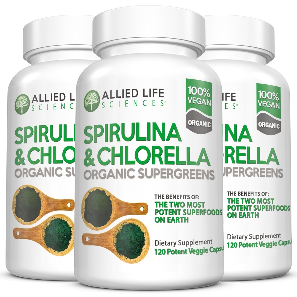Hidup Sekutu Spirulina dan Chlorella 124; Chlorophill Vegan Powder Hijau Superfood Capsules 124; Natural Ammune Dukungan (3 Paket Botol)