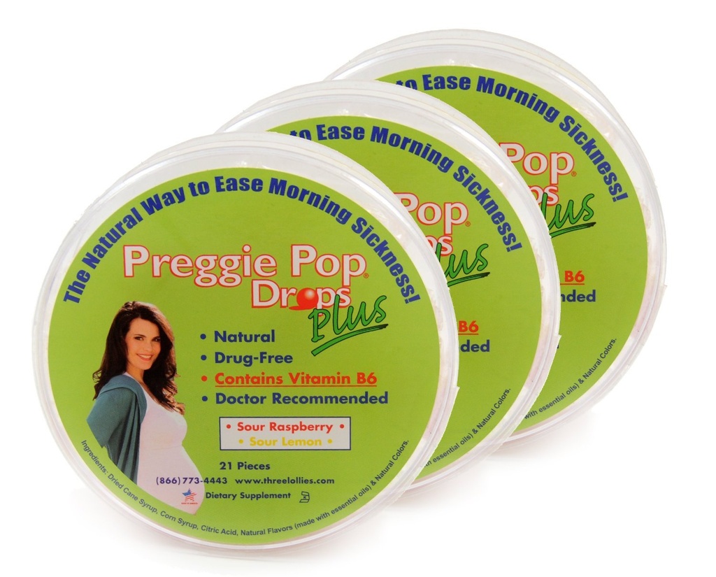 Three Lollies Preggie Pop Drops Plus with B6 Capsules, Sour Raspberry / Lemon, 3 Count