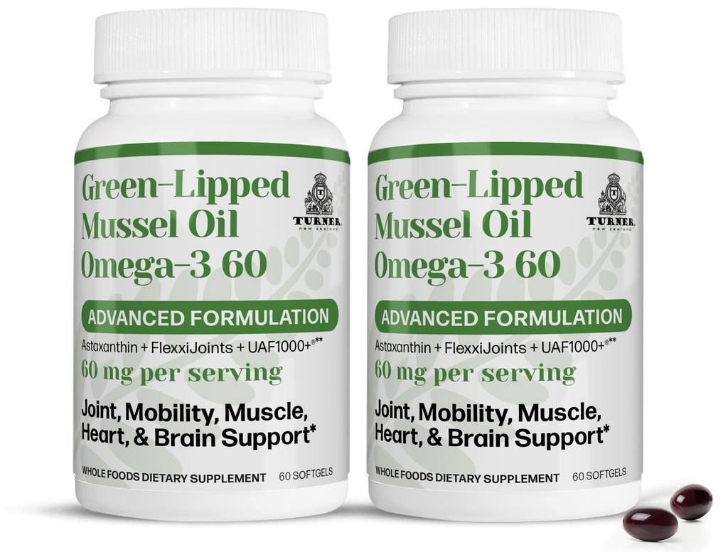 RURNER Selandia Baru Hijau Lip Omega- 3 Mussel Oil, 53x Potalitas Tinggi dengan UAF1000 + Super Antioksidant, No Fishy Aftertaste, 2 Botol, 120 Softgels