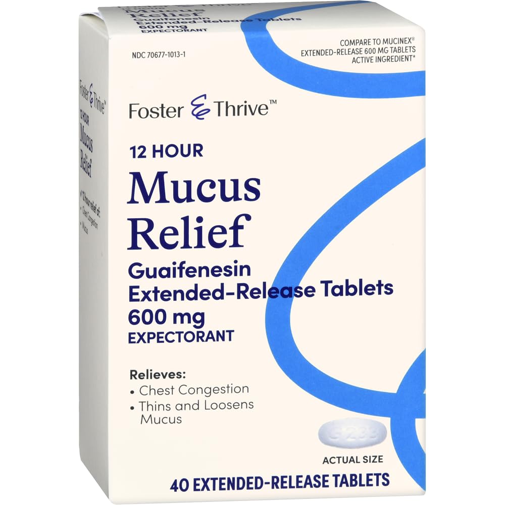 Foster & Thrive Chest Contraffic Muscus Extended Release, 600 mg Guaimfenein Relieves Chest Contraffic disebabkan oleh Excection Mucus, (Compare to Mucinex 12 Hour Extended Release), 40 Tablets