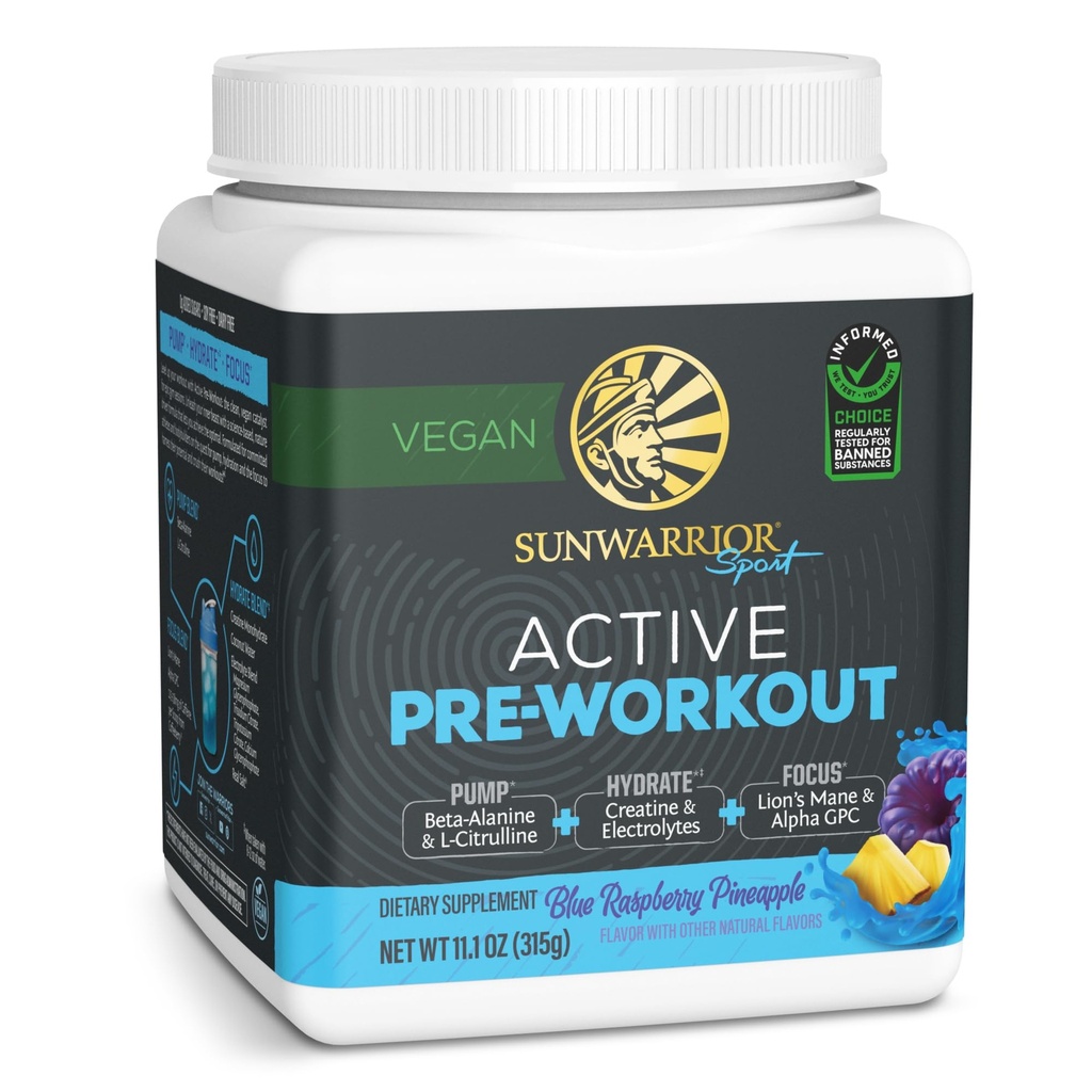 Sunwarrior Pre Workout Powder Energy Drink Vegan-Based Supplement Pompa, Hydrate, Focus, Endurance, & Power Builder Blue Raspberry Pineapple Flavardings 30 Pretraining Aktif