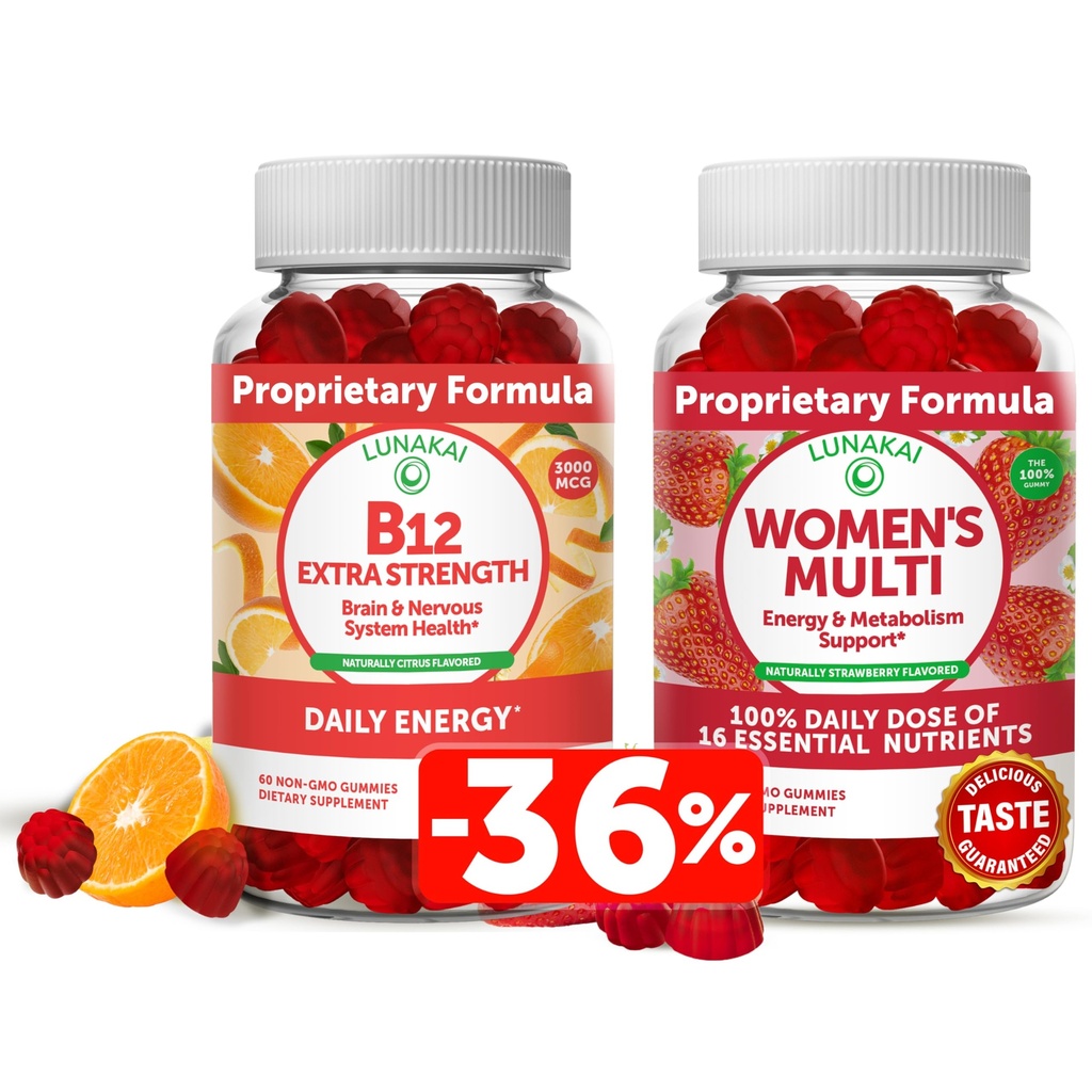 Lunakai Vitamin B12 dan Women 's Multivitamin Gummies Bundle - Non-GMO & Vegan Suplemen Energi dan Kesehatan Tulang - 100% Nilai Harian dari 16 EsculVitamin dan Mineral - 30 Hari Suppply