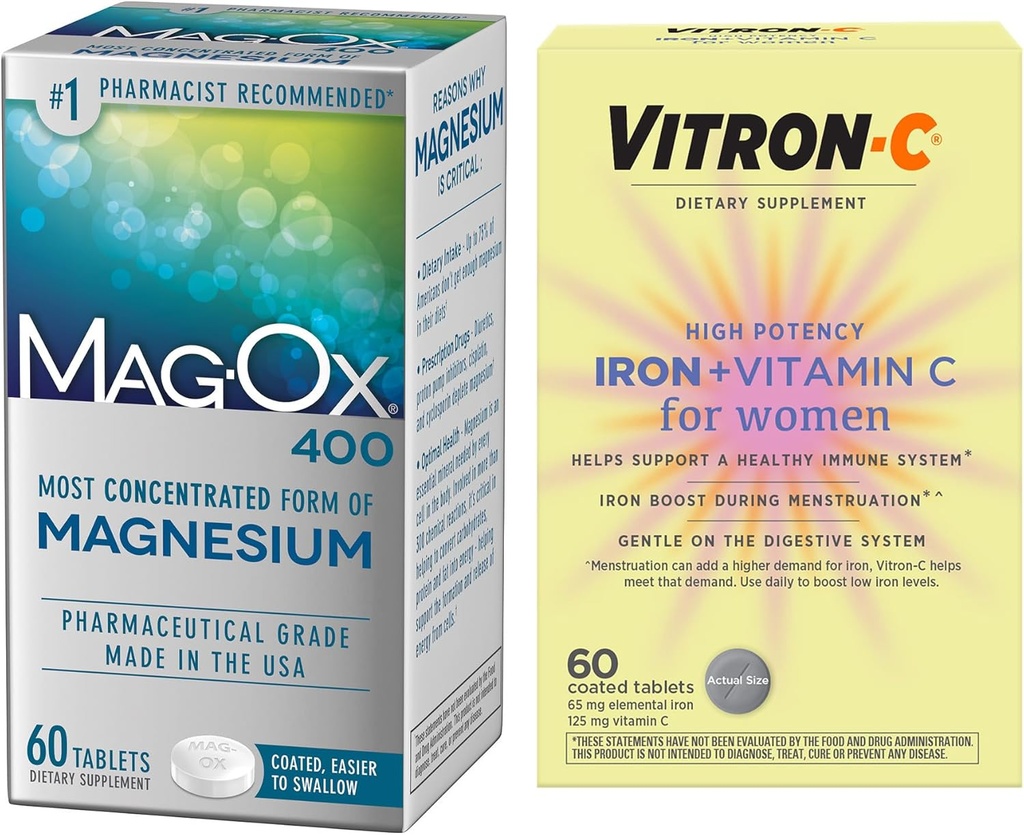 Tambahan Besi Tinggi Vitron-C, Dukungan Imunt 60ct dan Mag-Ox 400 Magnesium Mineral Suplemen 60