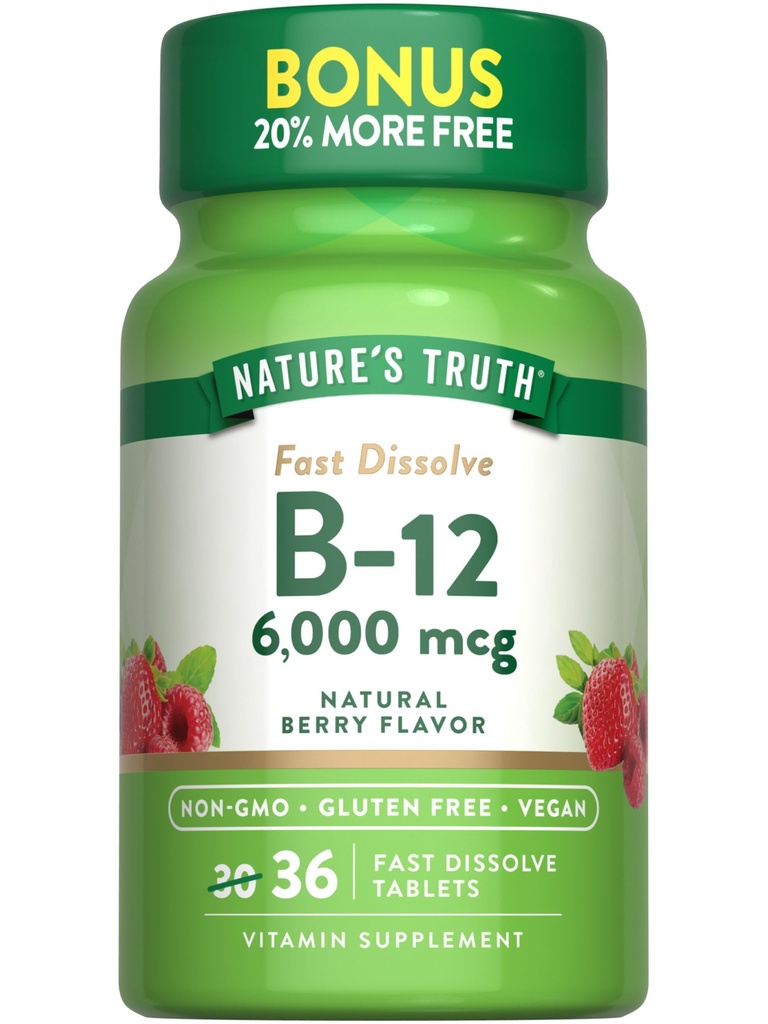 Nature 's Truth B12 Vitamin 6000 mcg 124; Methylcobalamin 124; 36 Tablet 134; Fast Dissolve Natural Berry Flavor 124; Vegan, Non-GMO & Gluten Free