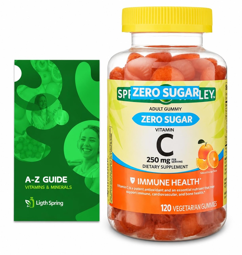 Zero Sugar Vitamin C Gummies Dieter Suplemen, 250 mg, 120 Ct Bundle dengan Eksklusif Vitamin & Mineral - A sampai Z - Lebih baik Ligth & Spring Guide