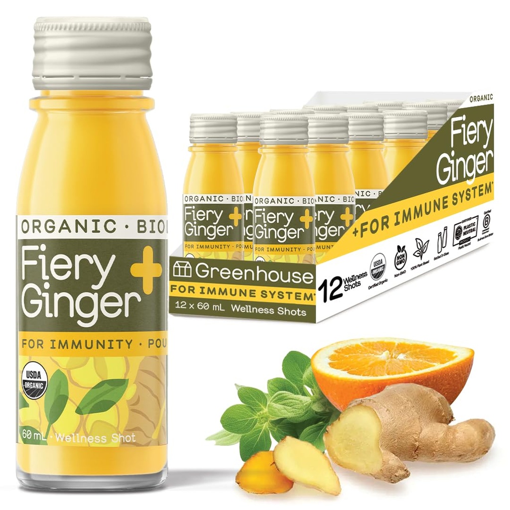 Greenhouse Juice Organic Fiery Ginger Wellness Shots 12- Count 60ml Glass Bottles, Vegan & Gluten- Free