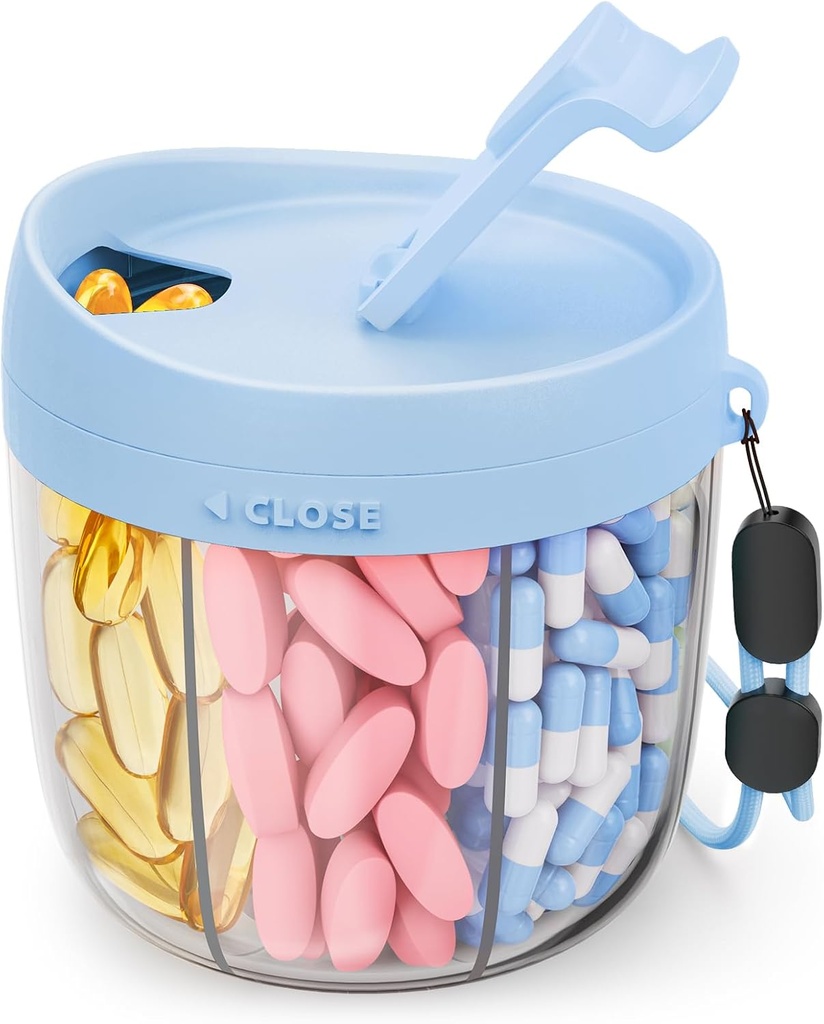 Pill Dispenser Cute dengan 7 Large Comment, Portable Pill Bottle Organizer dengan Wide Opening untuk Penggunaan Mudah, Anti- Mix Pill Organizer untuk Travel, BPA- Free Pill Container, Blue